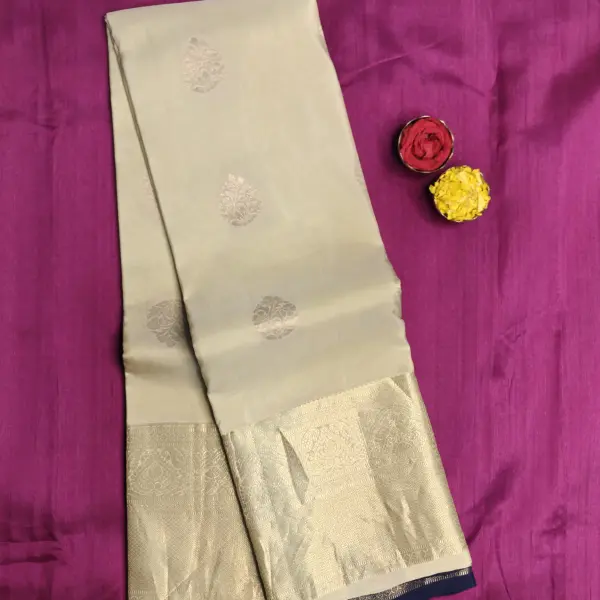 Cream large motifs with navy blue contrast silk saree