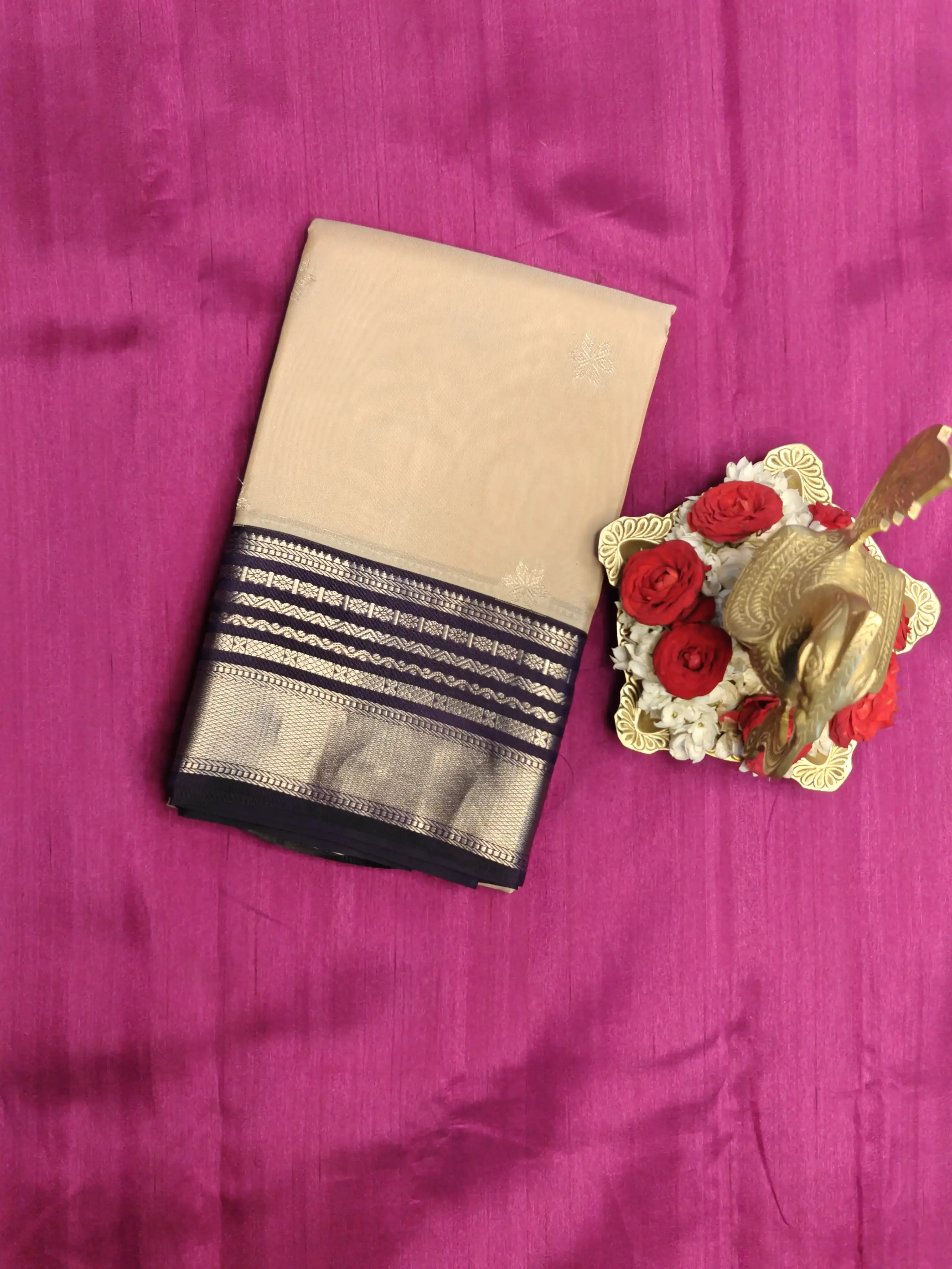 Beige with Navy blue border silk saree