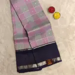 Baby pink and grey checks with navy blue bentex border silk saree