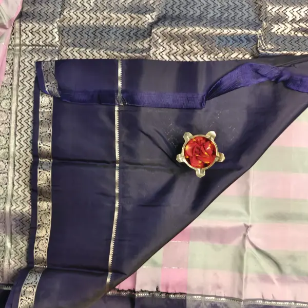 Baby pink and grey checks with navy blue bentex border silk saree