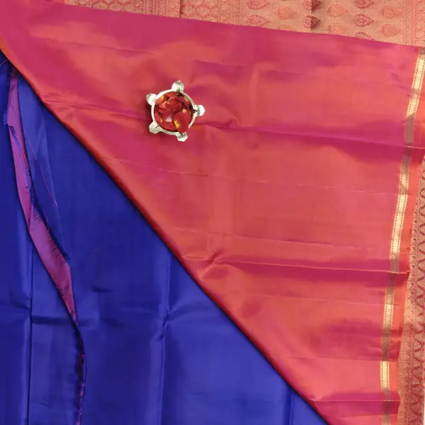 Peacock blue with small orange border silk saree