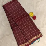 Brown checks with blue contrast peacock border silk saree