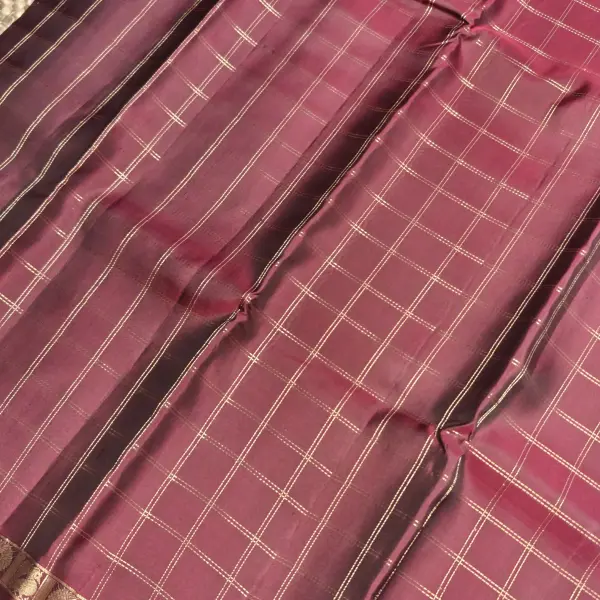 Brown checks with blue contrast peacock border silk saree