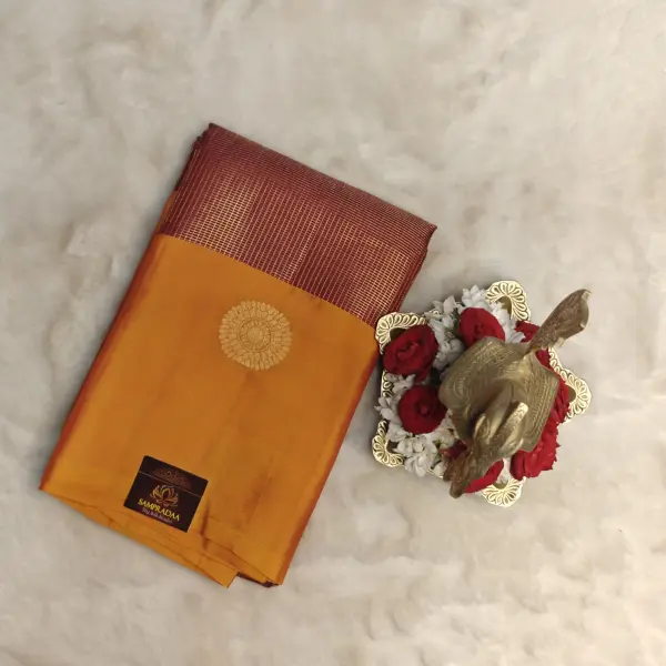 Brick red with yellow long border silk saree