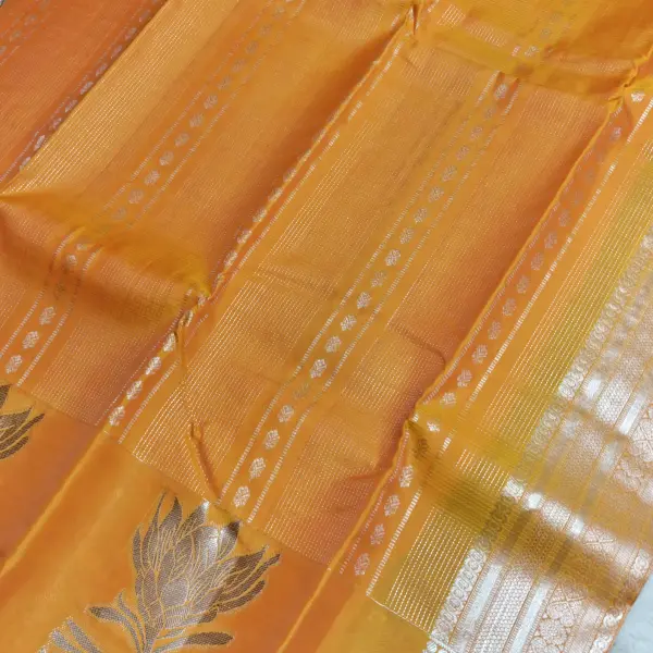 Yellow with silver flower border silk saree