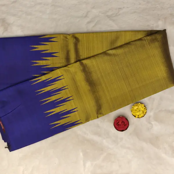 Mustard yellow with purple temple border silk saree