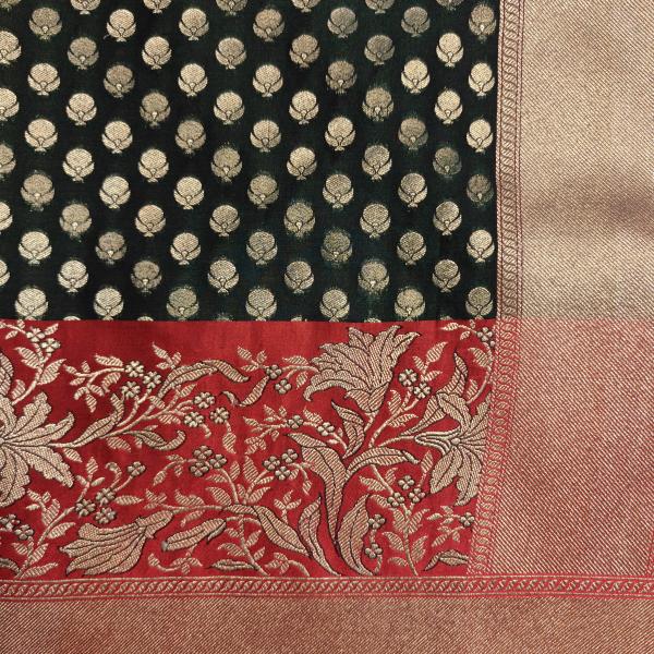 Green and red border with all over buttas benaras saree