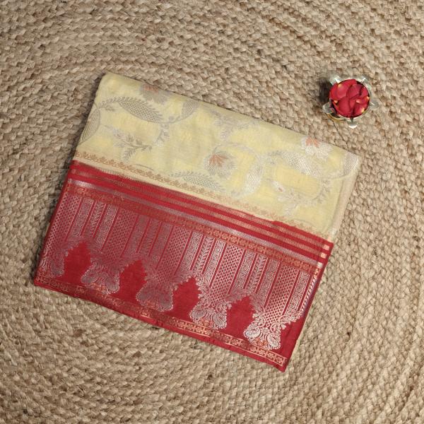 Lemon yellow and red border benaras saree