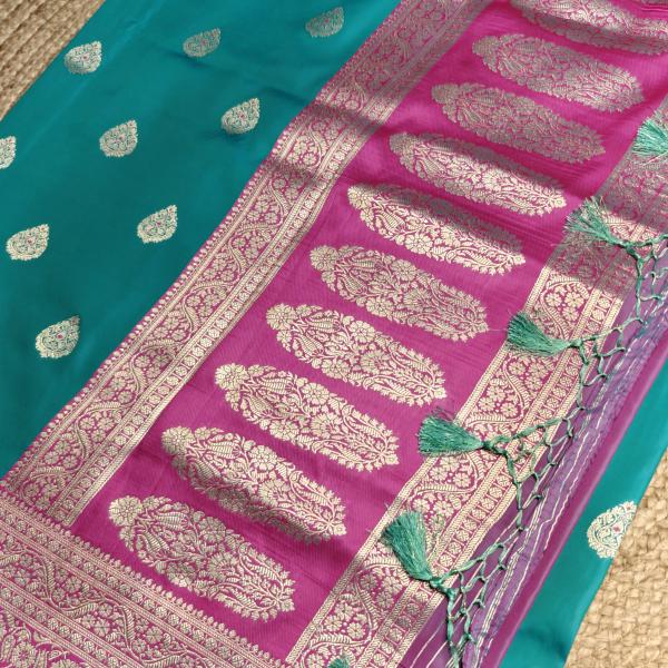 Sea Green with rich pink border benaras saree