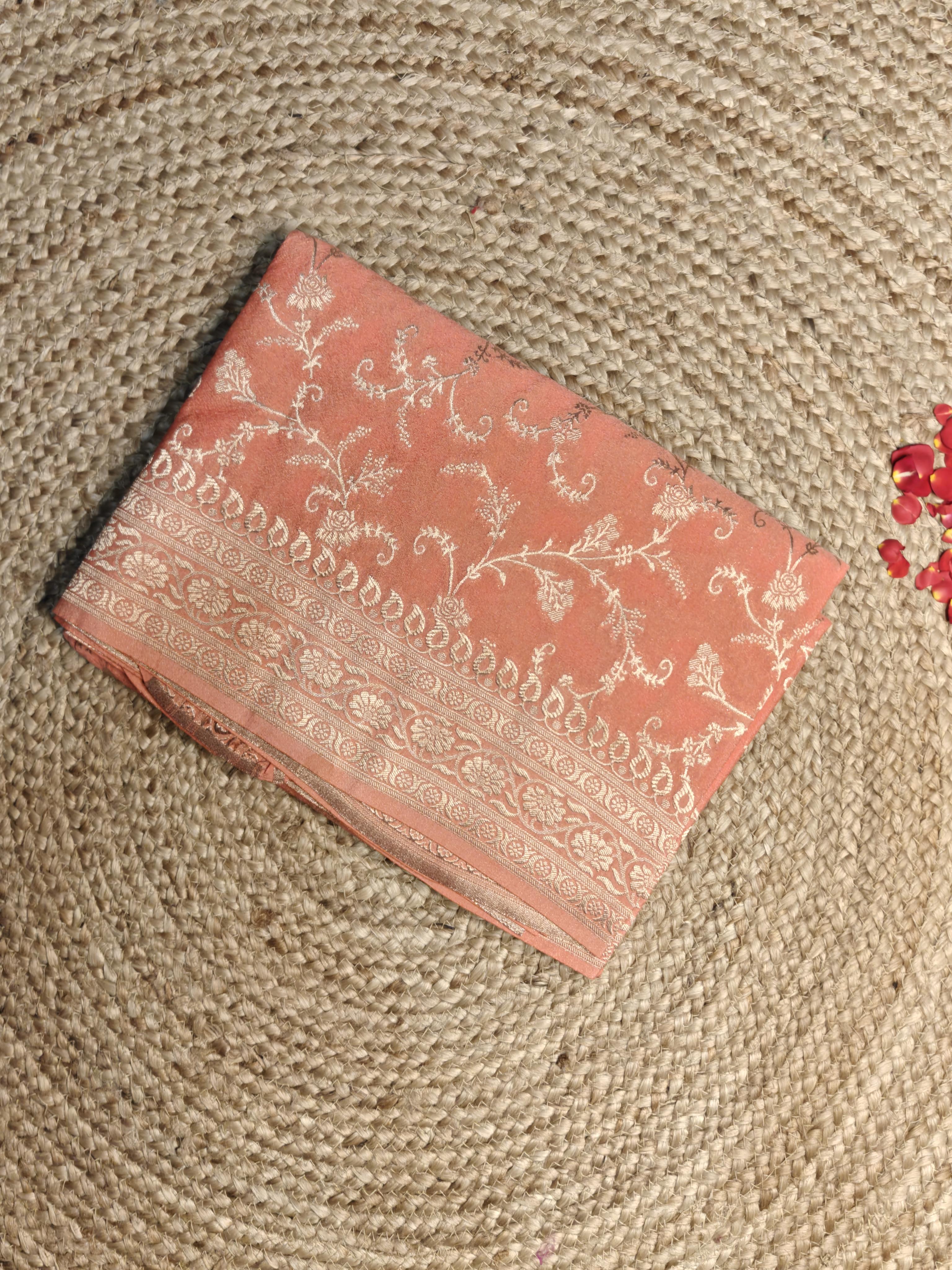 Saffron jaal pattern georgett Benaras saree