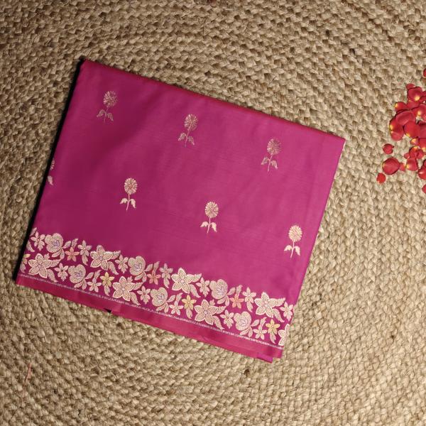 Rani pink with lehariya border pure raw mango silk saree