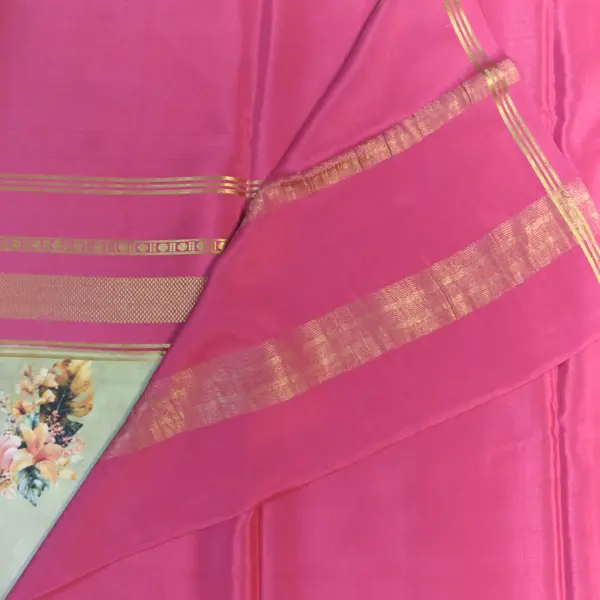 Pista green printed silk with pink gap border pure crepe silk saree 120gsm