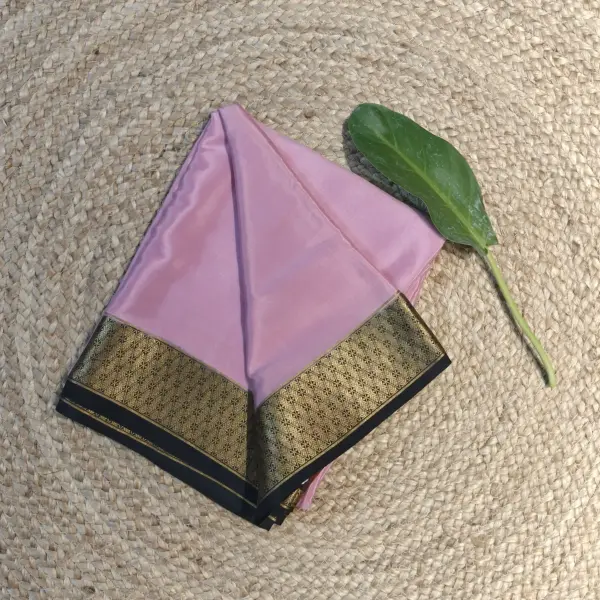 Rose pink plain saree with black rich border pure crepe silk saree 120gsm