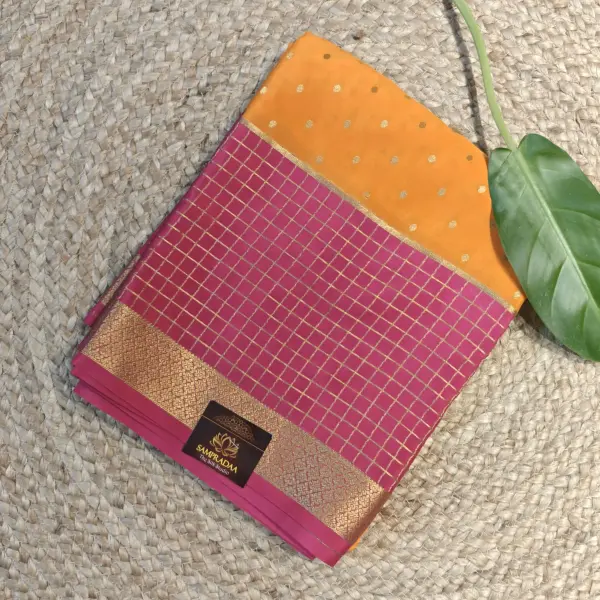 Orange body with pink checks border pure crepe silk saree 120gsm