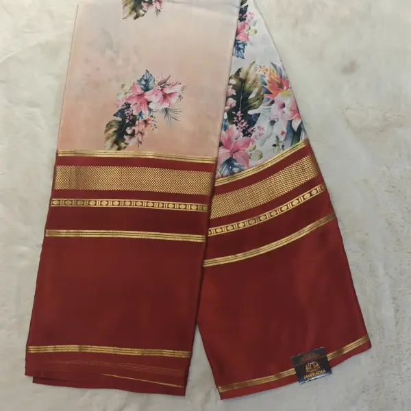 Peach printed silk with red gap border pure crepe silk saree 120gsm