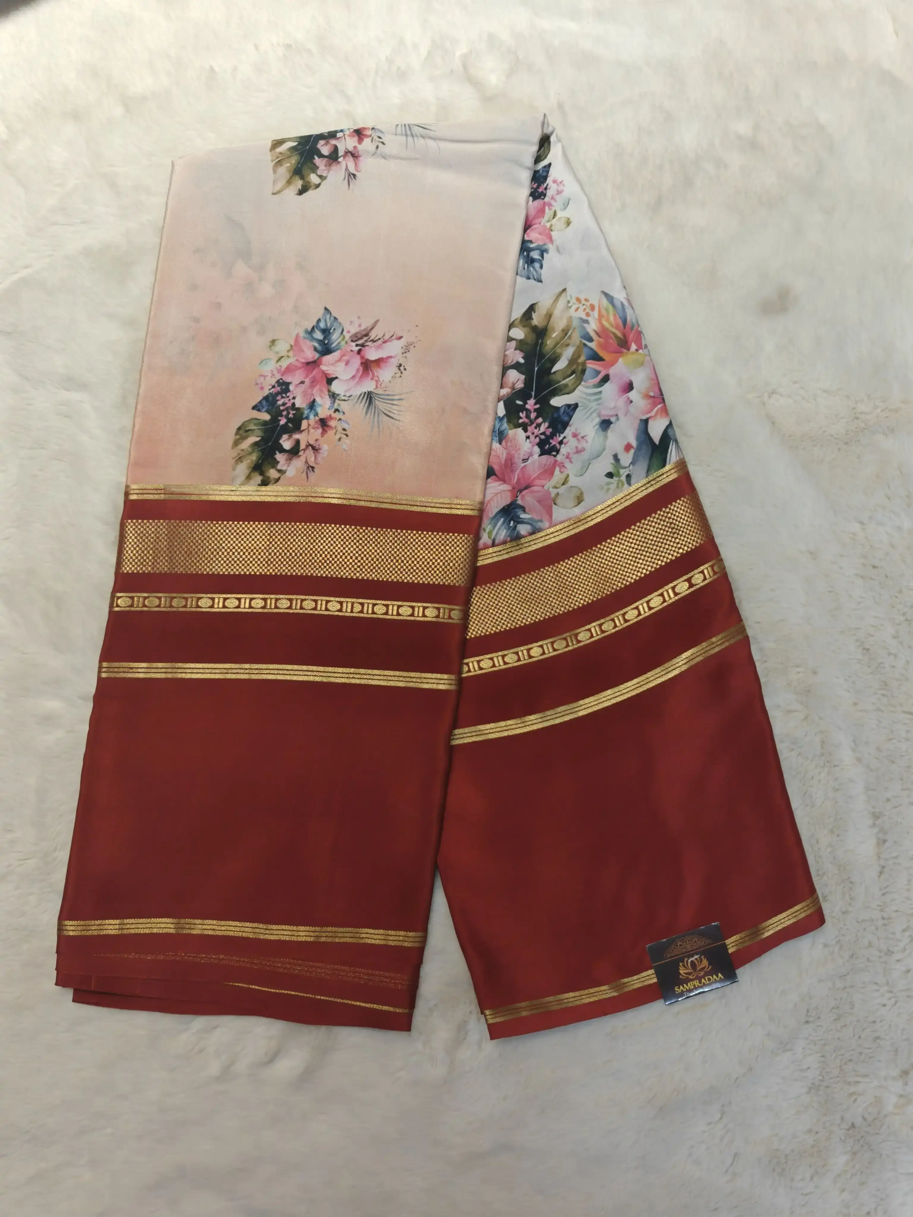Peach printed silk with red gap border pure crepe silk saree 120gsm