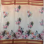 Peach printed silk with red gap border pure crepe silk saree 120gsm