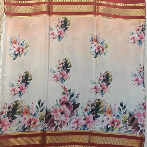 Peach printed silk with red gap border pure crepe silk saree 120gsm